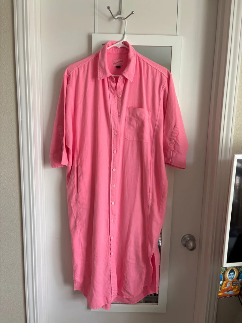 Short-Sleeve Button-Front Shirt Dress in Pink - Picture 2 of 4